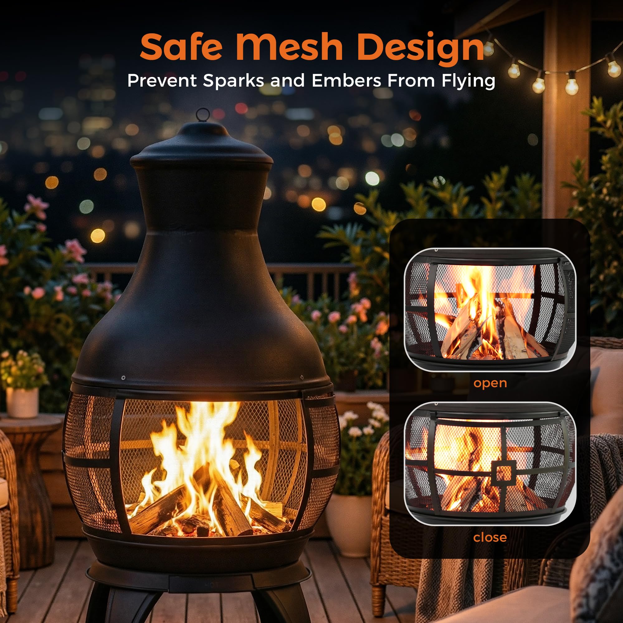 Outdoor Wood-Burning Chiminea Fireplace for Backyard, Garden & Camping, Brown-Black