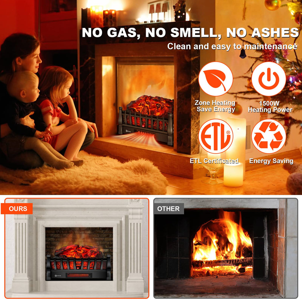 Electric Fireplace Log Insert Heater with Remote Control, 5 Flame Brightness Levels & 24-Hour Timer, Black