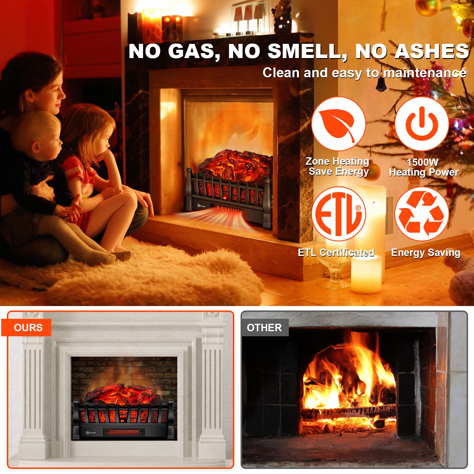 Electric Fireplace Log Insert Heater with Remote Control, 5 Flame Brightness Levels & 24-Hour Timer, Black