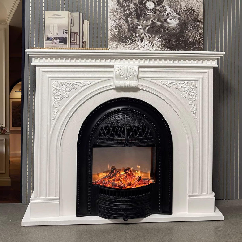 European Carved Fireplace Storage Cabinet with Simulated Flame & Heating Function