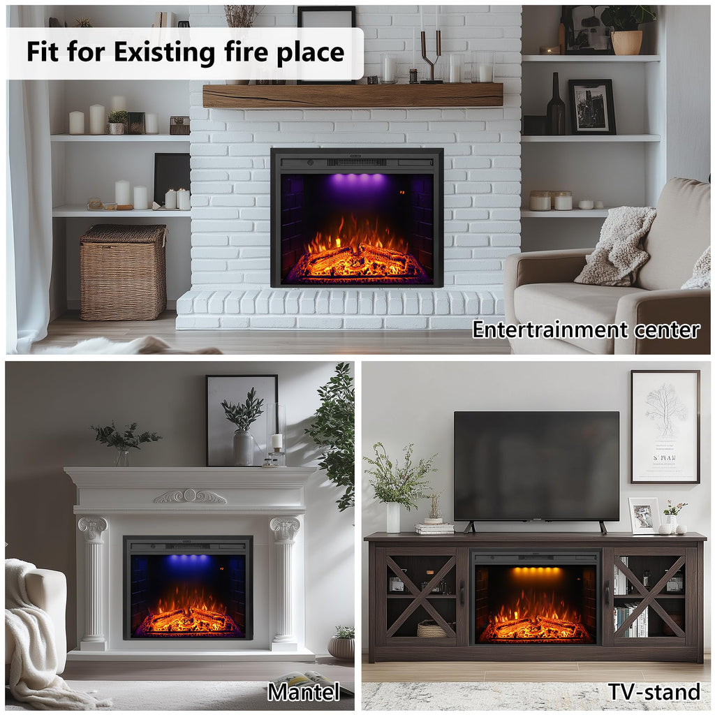 Electric Fireplace Insert with Trim Kit, Crackling Sound, Mood Lighting & Remote Control, 1500W, Black