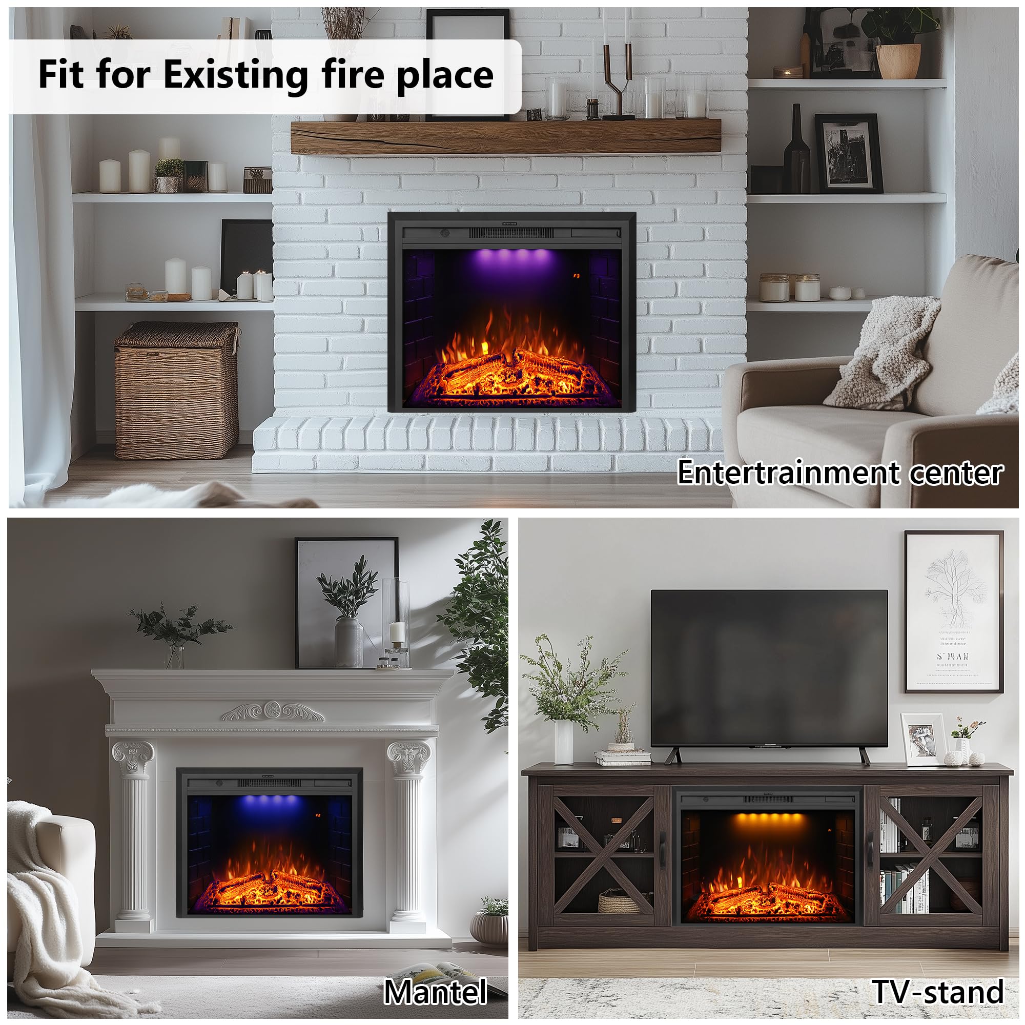 Electric Fireplace Insert with Trim Kit, Crackling Sound, Mood Lighting & Remote Control, 1500W, Black