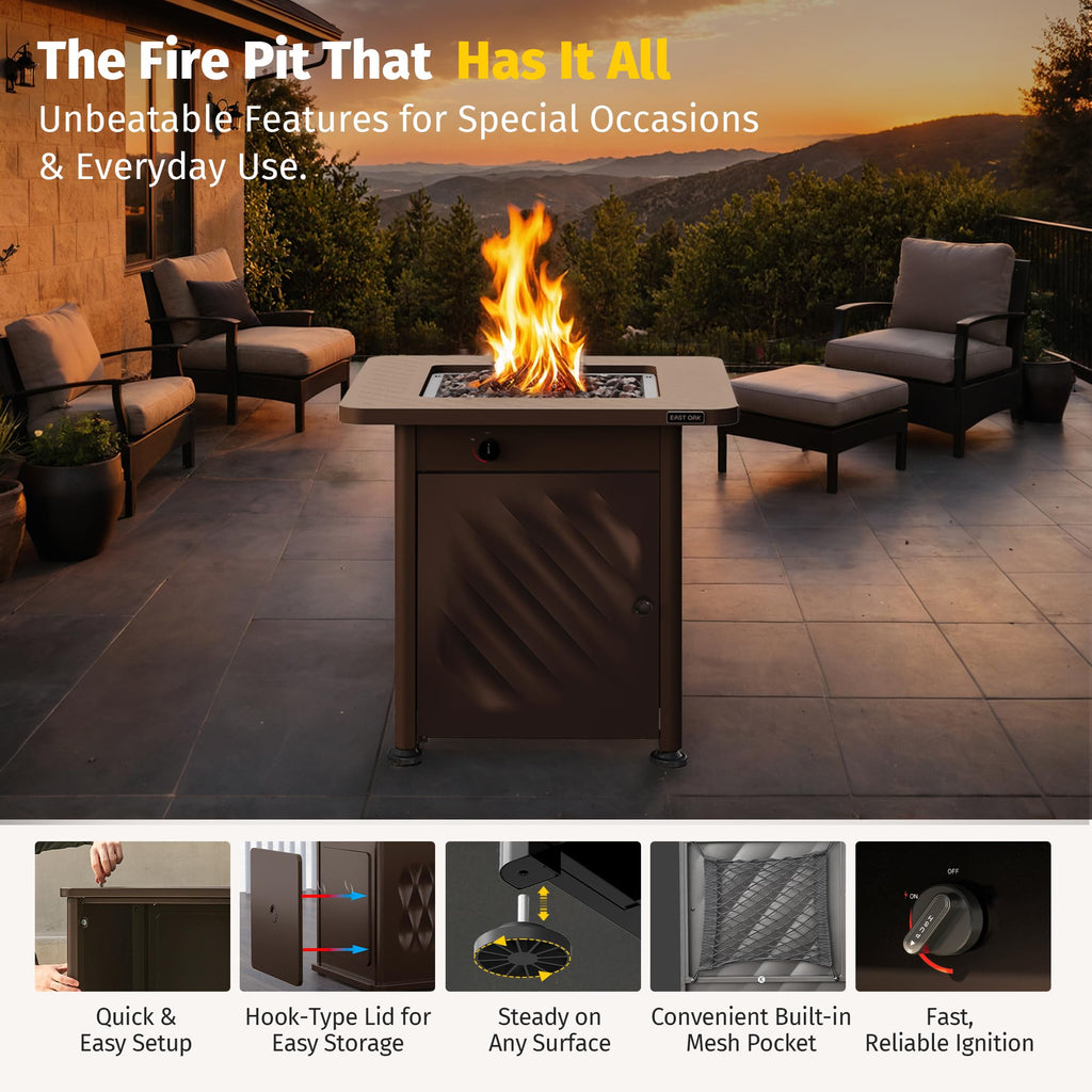 28" Outdoor Propane Fire Pit Table, 52,000 BTU with Lid & Lava Rocks, Brown