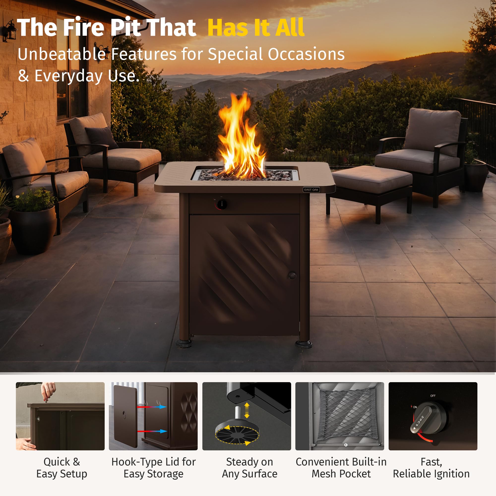 28" Outdoor Propane Fire Pit Table, 52,000 BTU with Lid & Lava Rocks, Brown