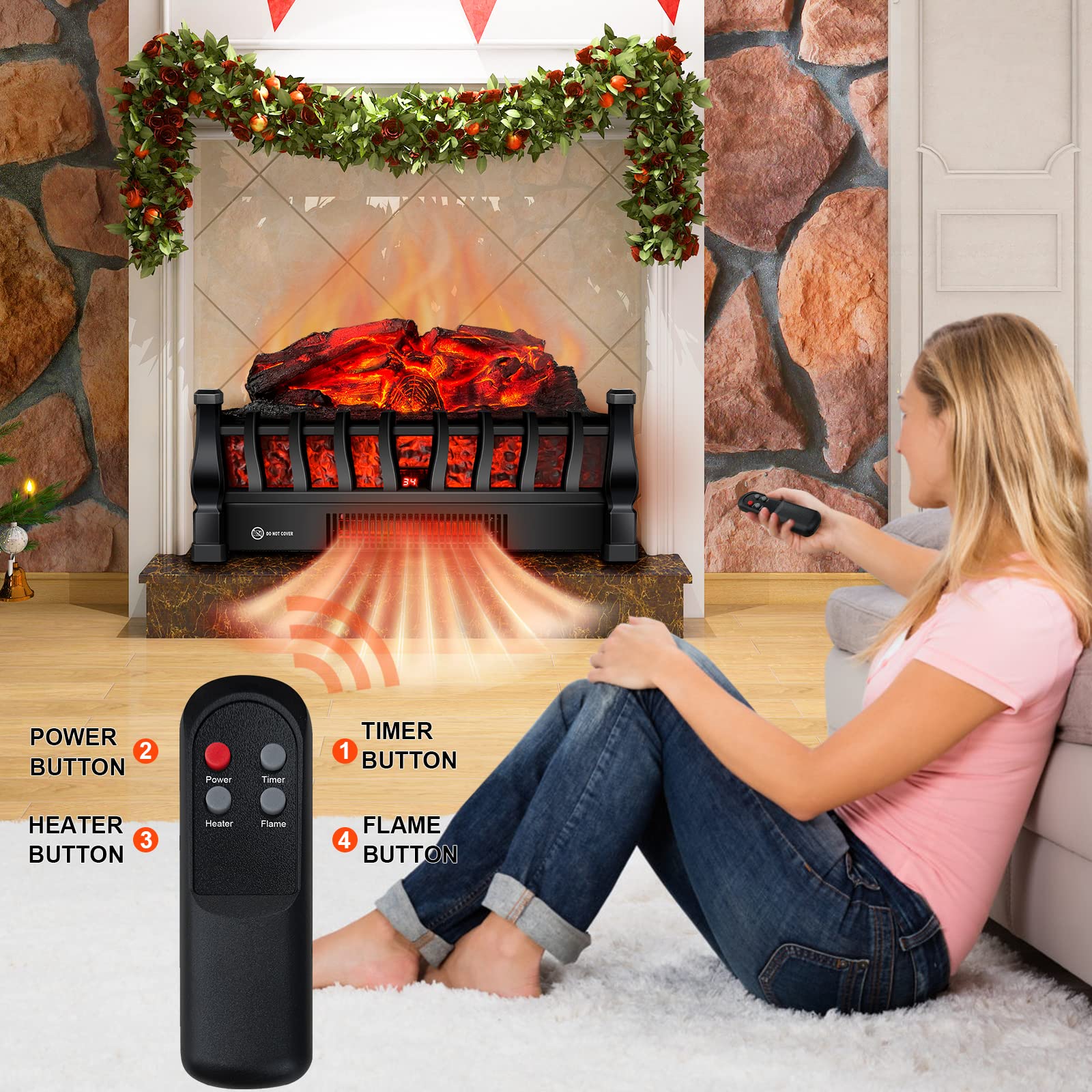 Electric Fireplace Log Insert Heater with Remote Control, 5 Flame Brightness Levels & 24-Hour Timer, Black
