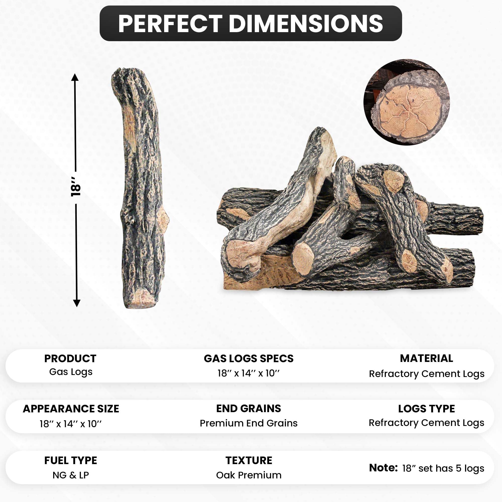 Premium Gas Fireplace Logs for Vented Fireplaces, Oak Design, Natural Gas or Propane Compatible