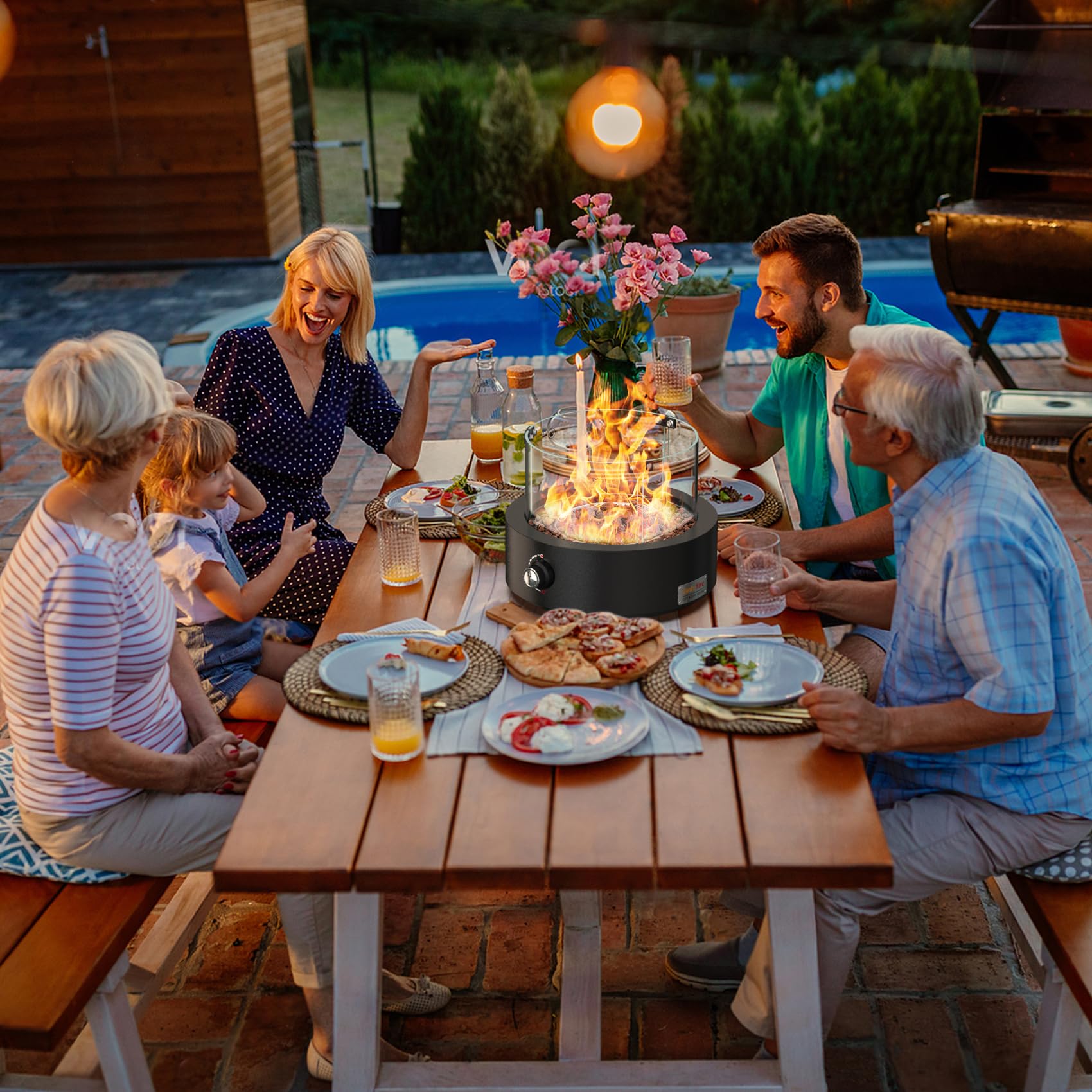 15.7" Portable Propane Fire Pit Tabletop Fireplace with Glass Wind Guard, 23,000 BTU