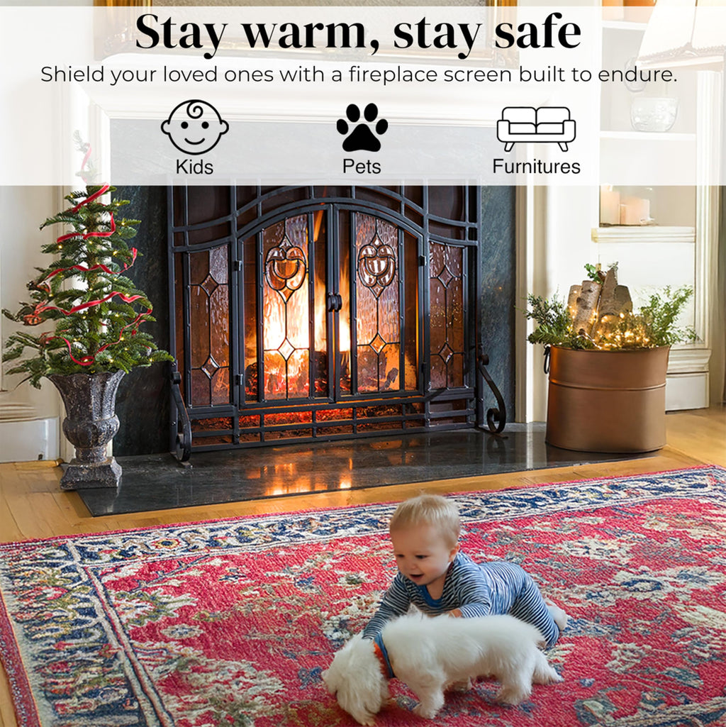 Plow & Hearth Floral Fireplace Screen with Doors