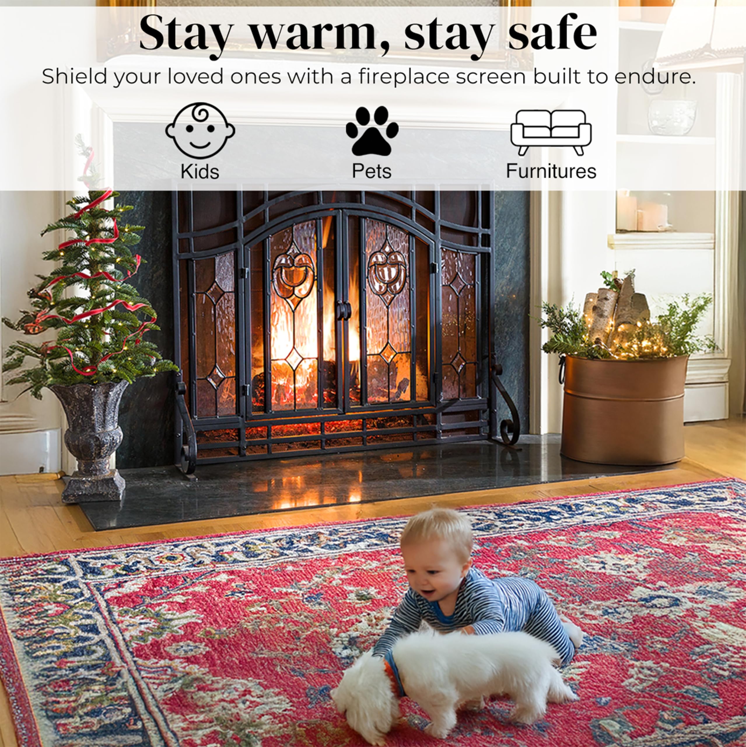 Plow & Hearth Floral Fireplace Screen with Doors
