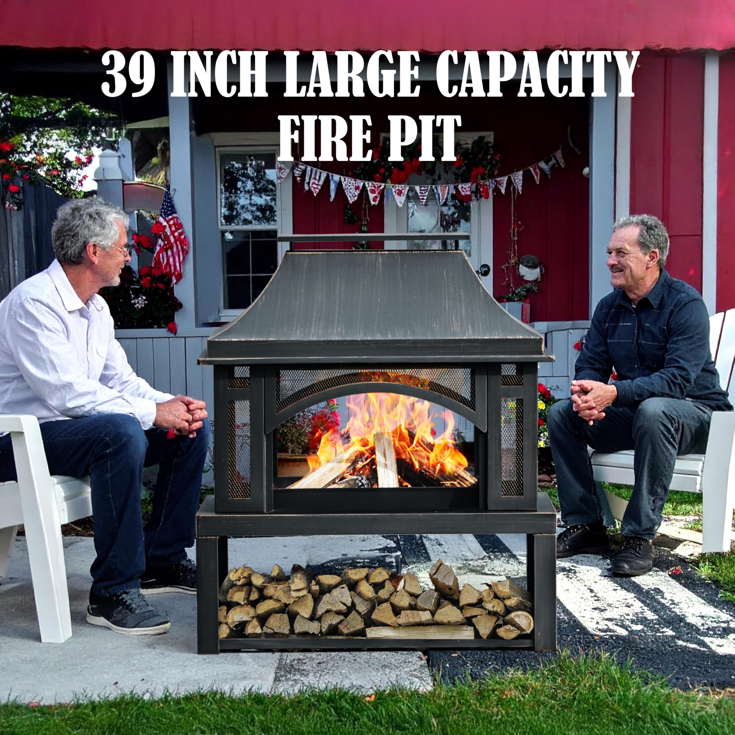 39" Wood-Burning Outdoor Fireplace with Chimney, Wood Storage, Spark Screen & Fire Poker