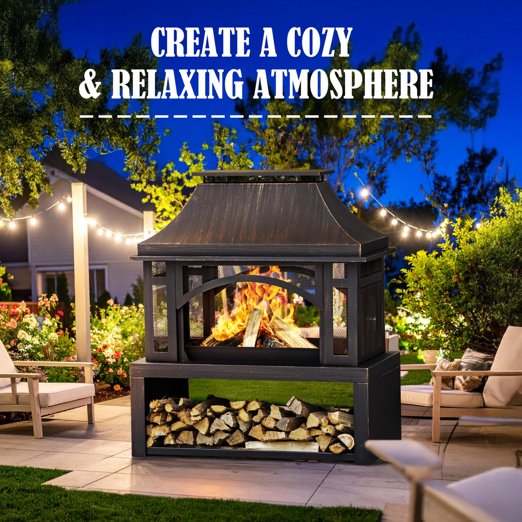 39" Wood-Burning Outdoor Fireplace with Chimney, Wood Storage, Spark Screen & Fire Poker