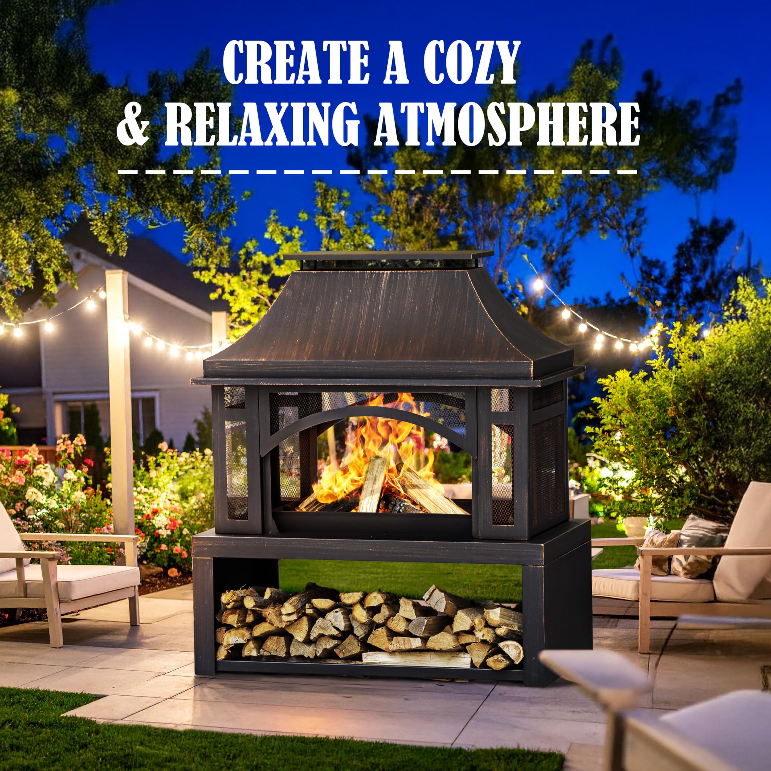 39" Wood-Burning Outdoor Fireplace with Chimney, Wood Storage, Spark Screen & Fire Poker