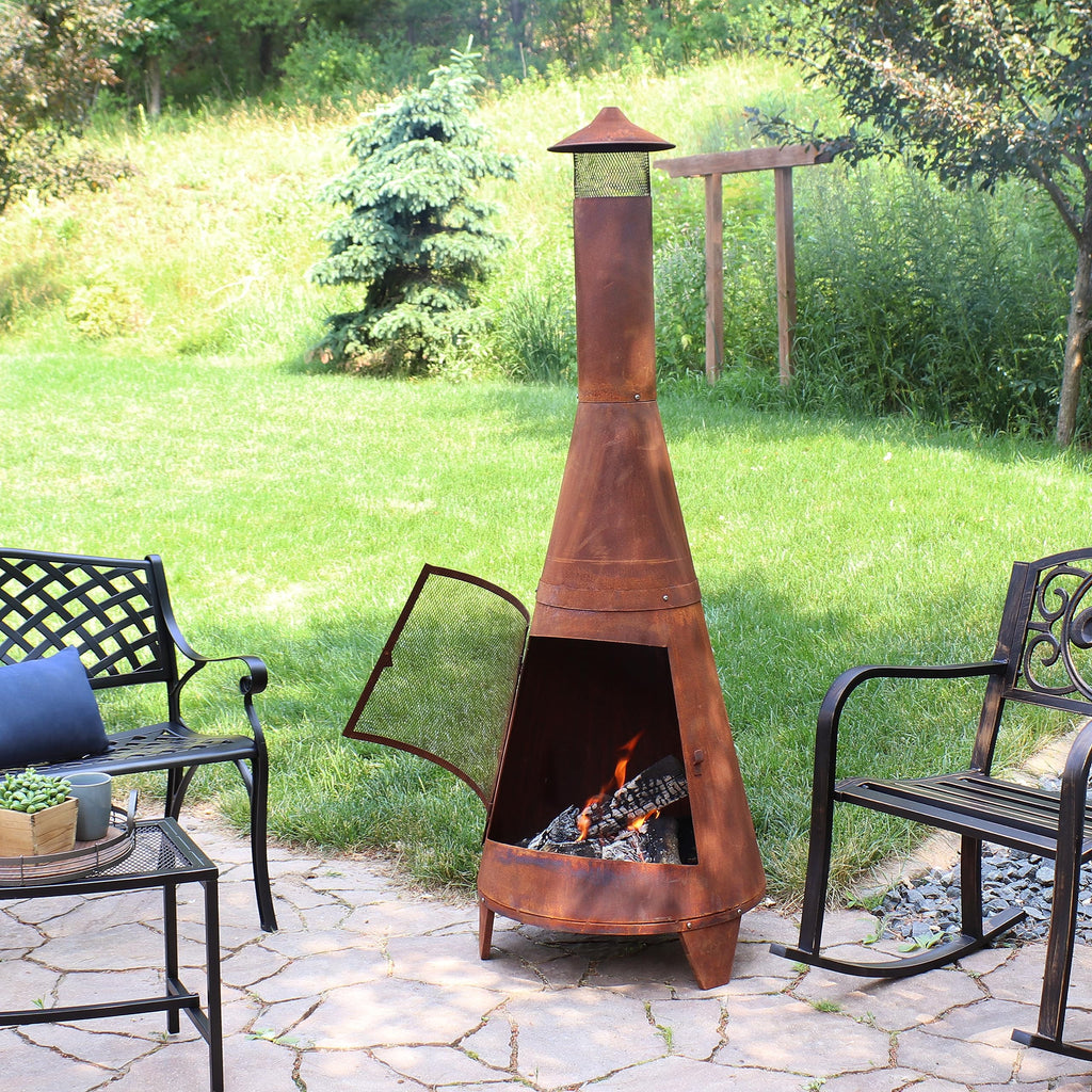 70" Metal Chiminea Outdoor Fireplace, Large Wood-Burning Steel Patio Fire Pit, Black